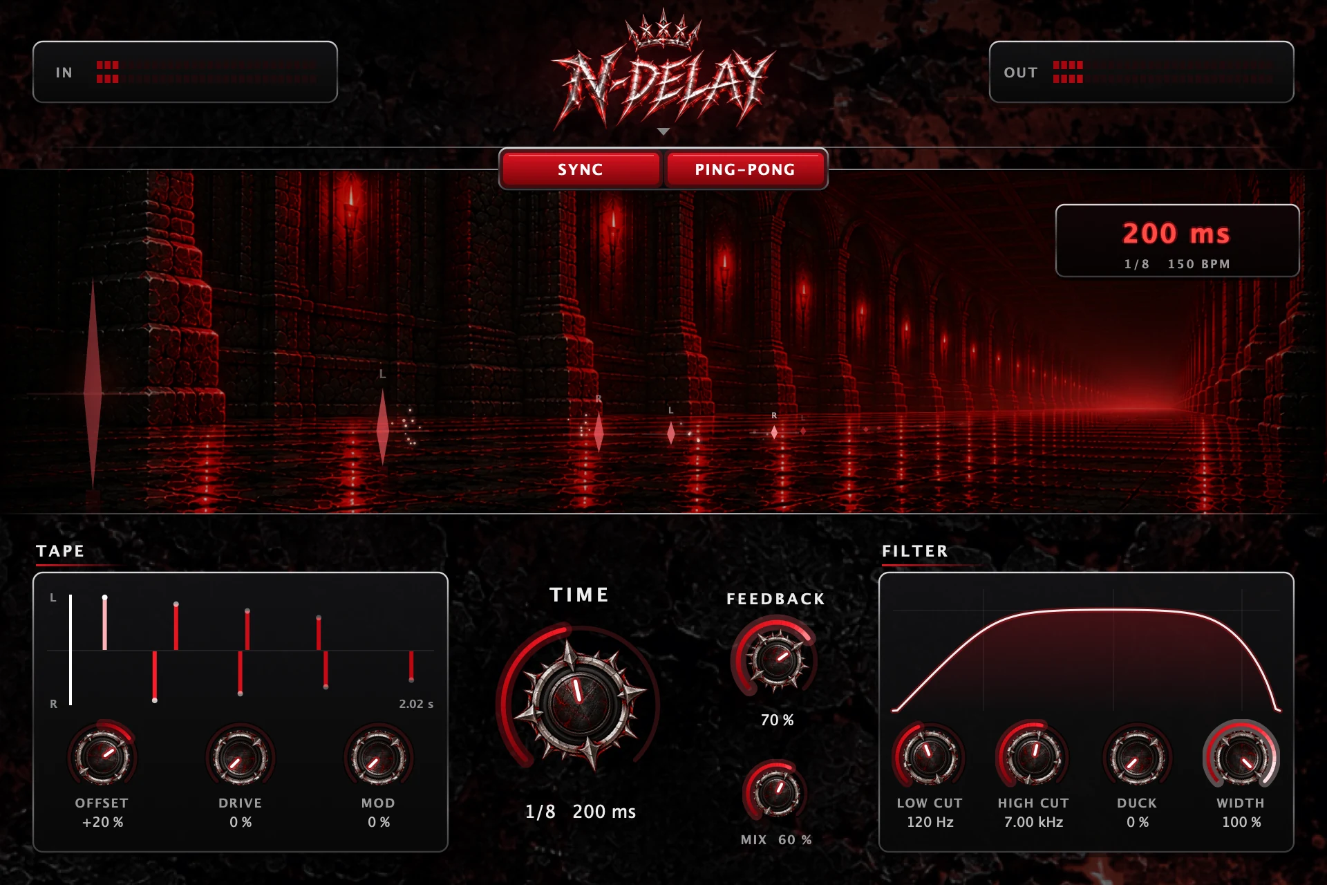N-DELAY plugin interface: SYNC and PING-PONG, live echo view, Tape, Time, Feedback, Mix and Filter controls