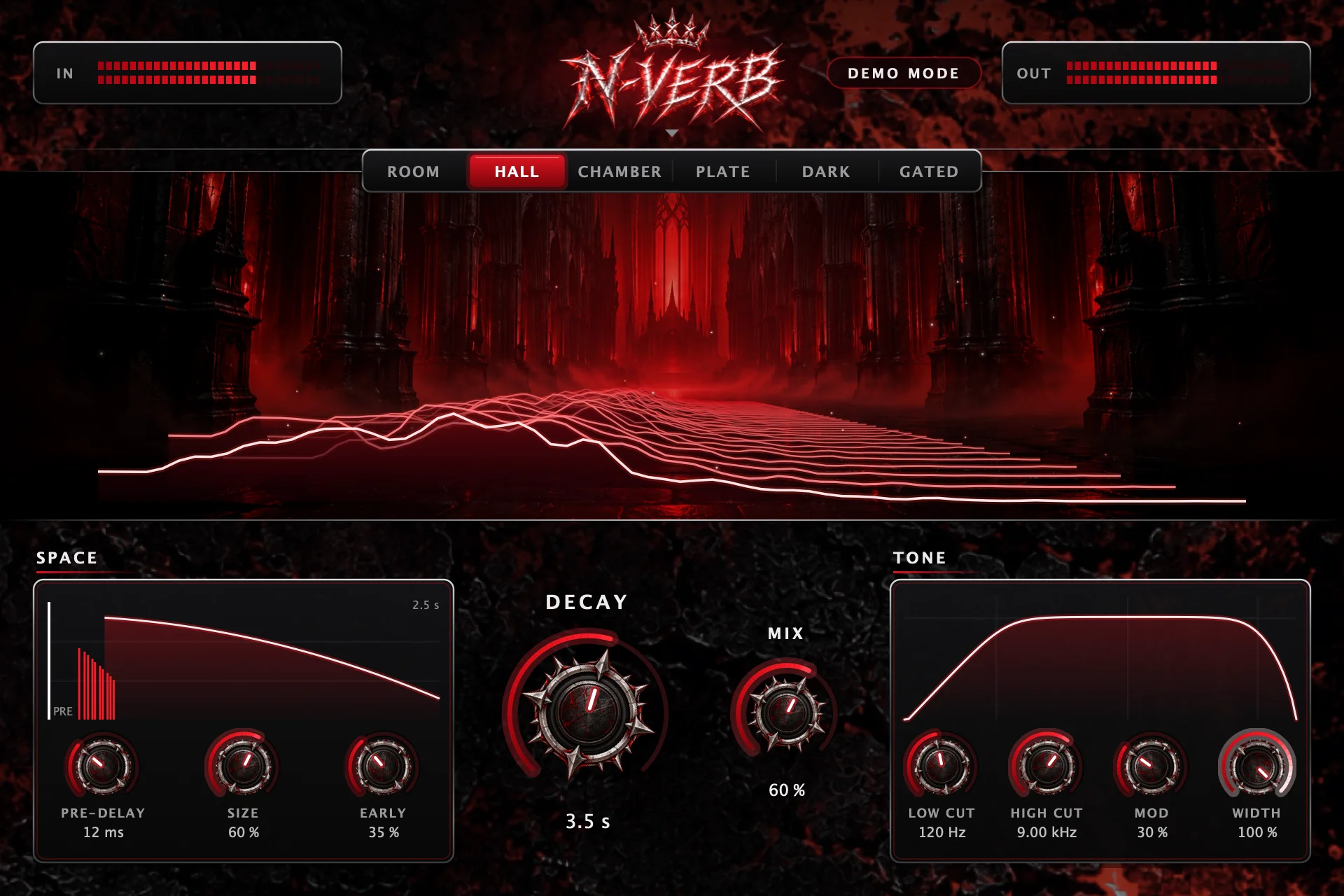 N-VERB plugin interface: type selector, live tail view, Space, Decay, Mix and Tone controls